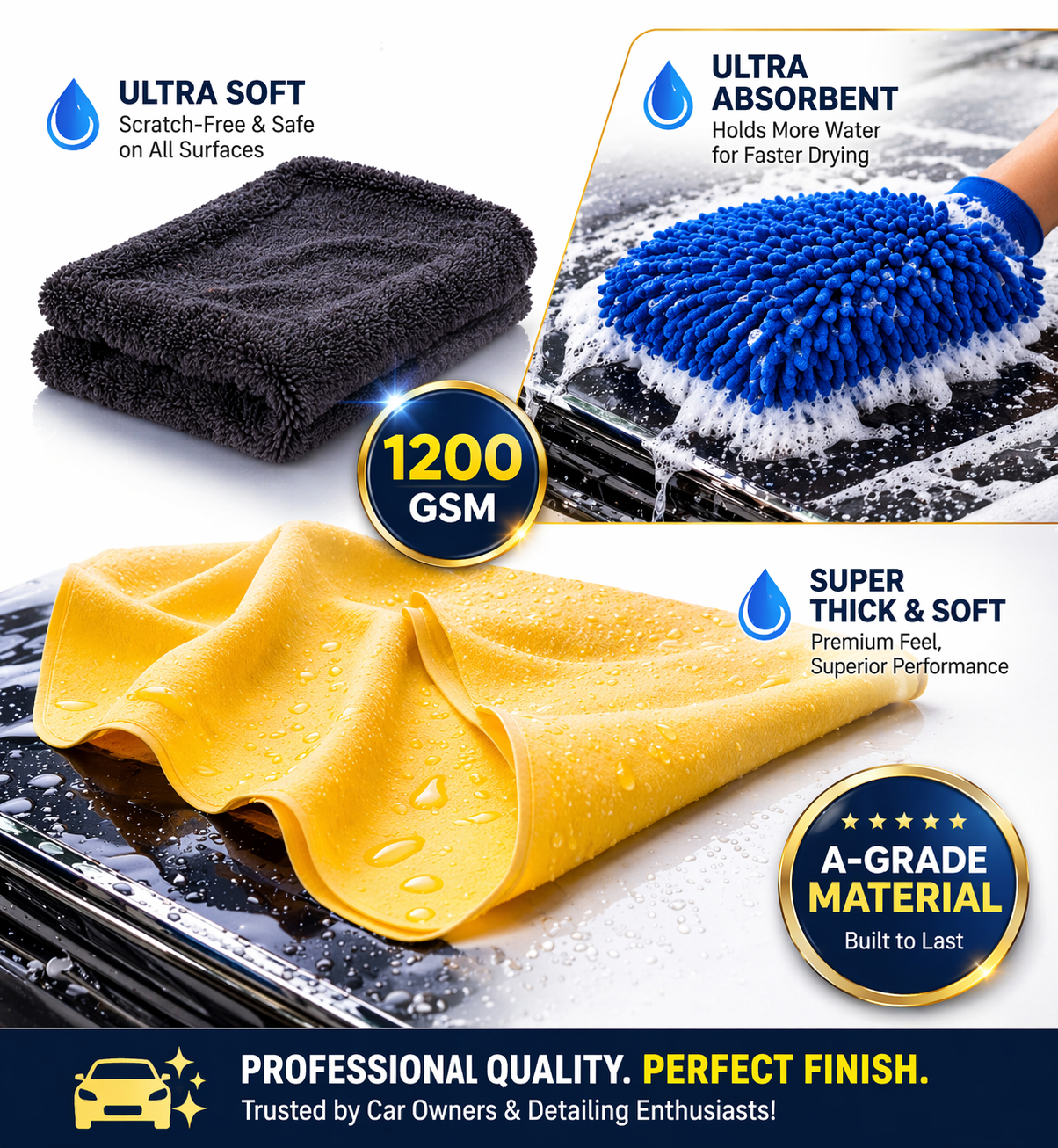 3-in-1 Car Cleaning Combo Kit (1200 GSM Microfiber Cloth + PVA Chamois + Wash Mitt) | Ultra Absorbent, Streak-Free & Scratch-Free | Complete Car Care Kit
