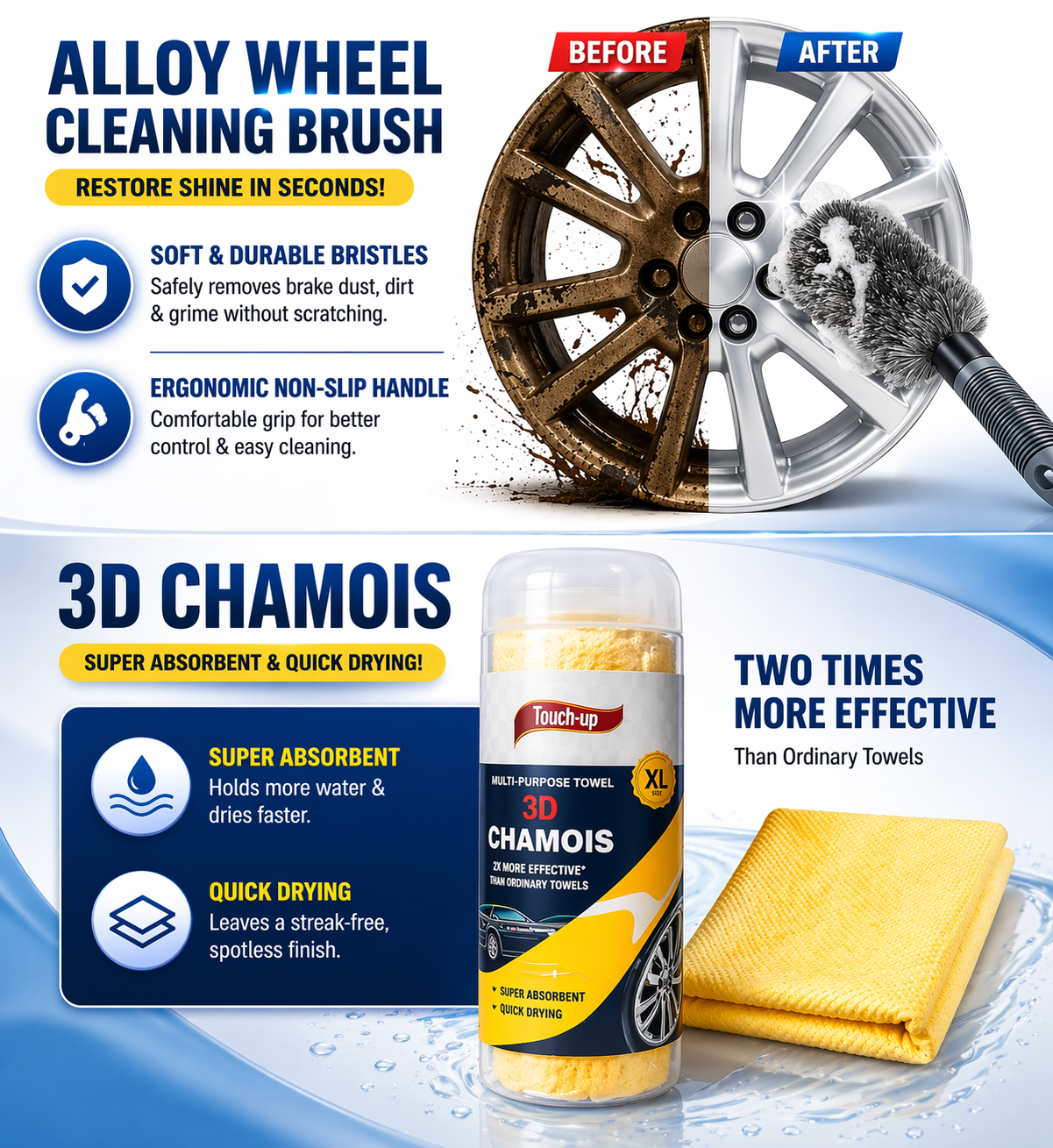 4-in-1 Car Cleaning Kit (1200 GSM Microfiber Cloth + 3D Chamois + Wash Mitt + Wheel Brush) | Super Absorbent, Scratch-Free, Streak-Free Car Care Combo