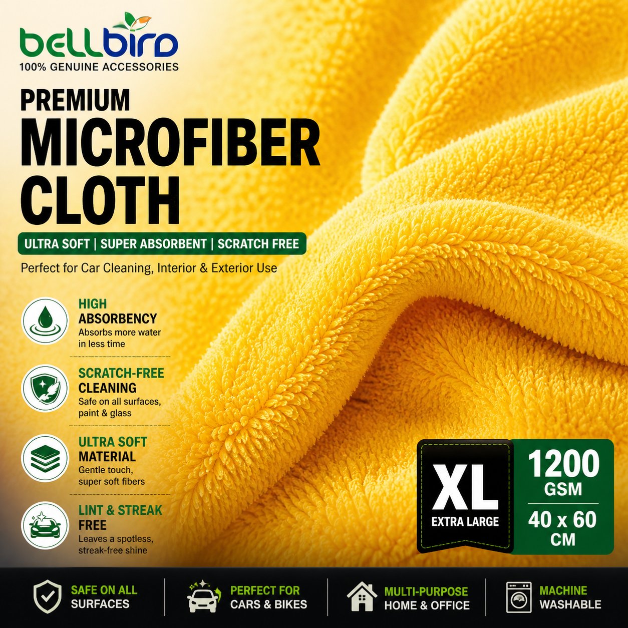 1200 GSM Premium Microfiber Car Cleaning Cloth – 60x40 cm Ultra Soft Absorbent Towel | Scratch-Free Car Drying & Detailing Cloth (Yellow)