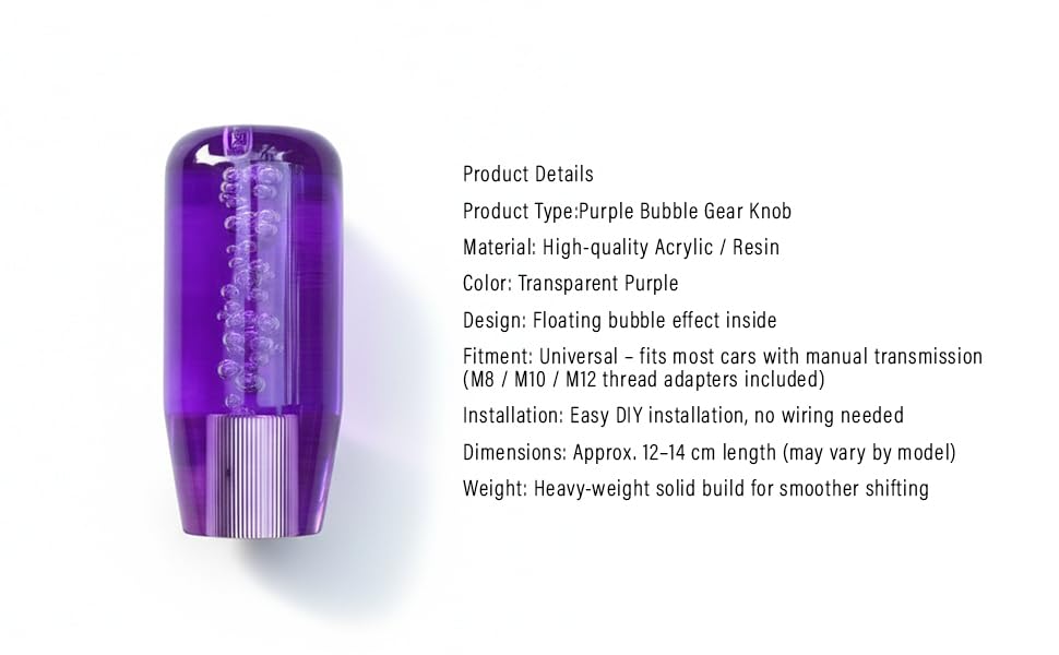 Crystal Glass Gear Knob 10cm Purple | Bubble Design Car Gear Shift Knob with Adaptors (Universal Fit)