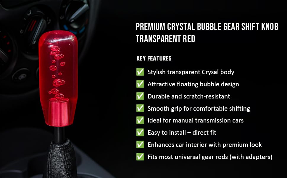 Crystal Glass Gear Knob 10cm Red | Bubble Design Car Gear Shift Knob with Adaptors (Universal Fit)