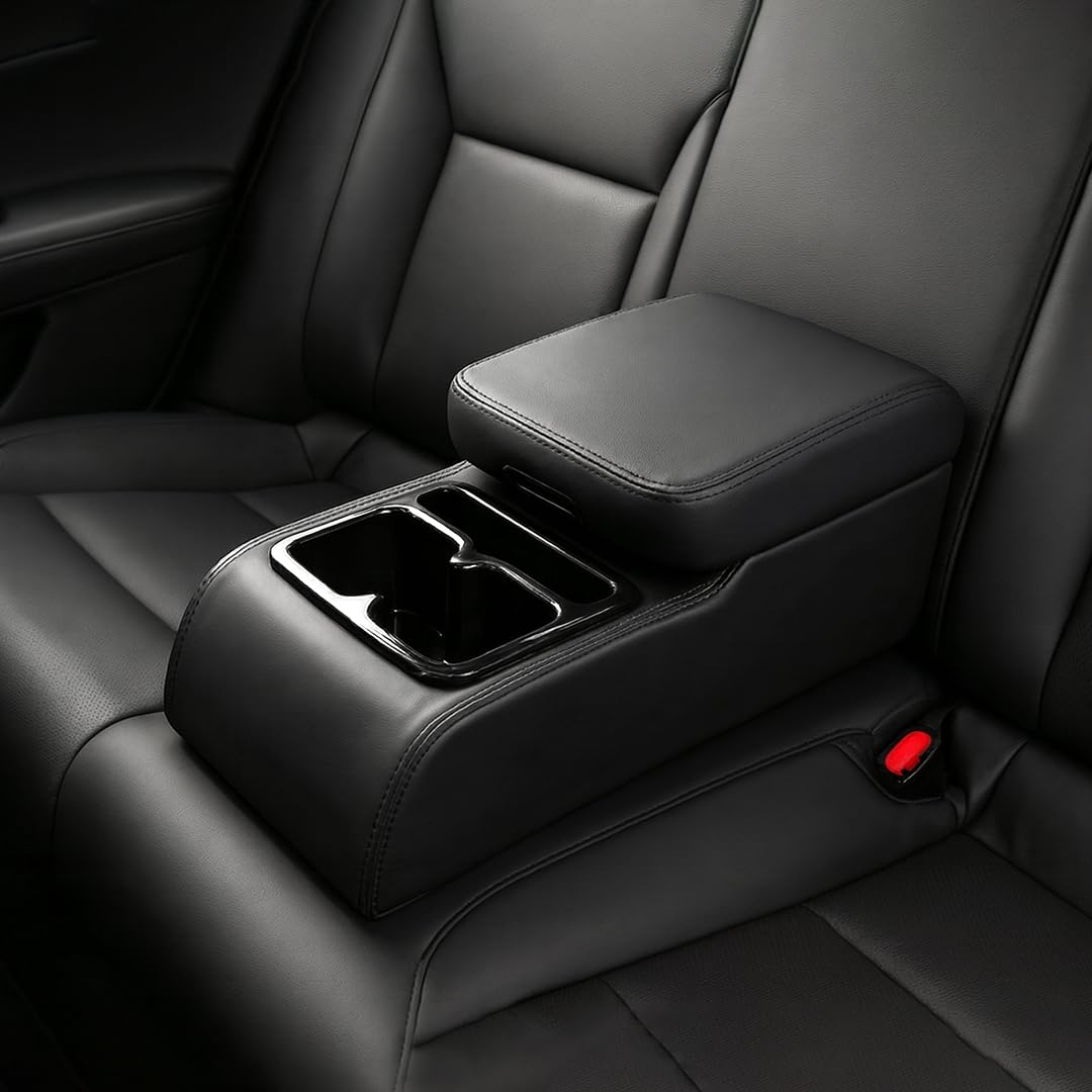 Car Rear Seat Armrest Console with Cup Holder | Foldable Arm Rest Cushion | Premium Foam & PU Leather | Storage Box | Universal Fit for Cars (Black)