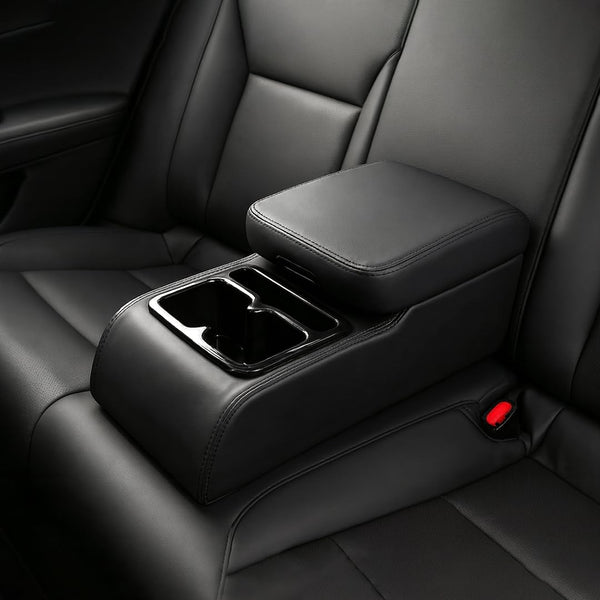 Car Rear Seat Armrest Console with Cup Holder | Foldable Arm Rest Cushion | Premium Foam & PU Leather | Storage Box | Universal Fit for Cars (Black)