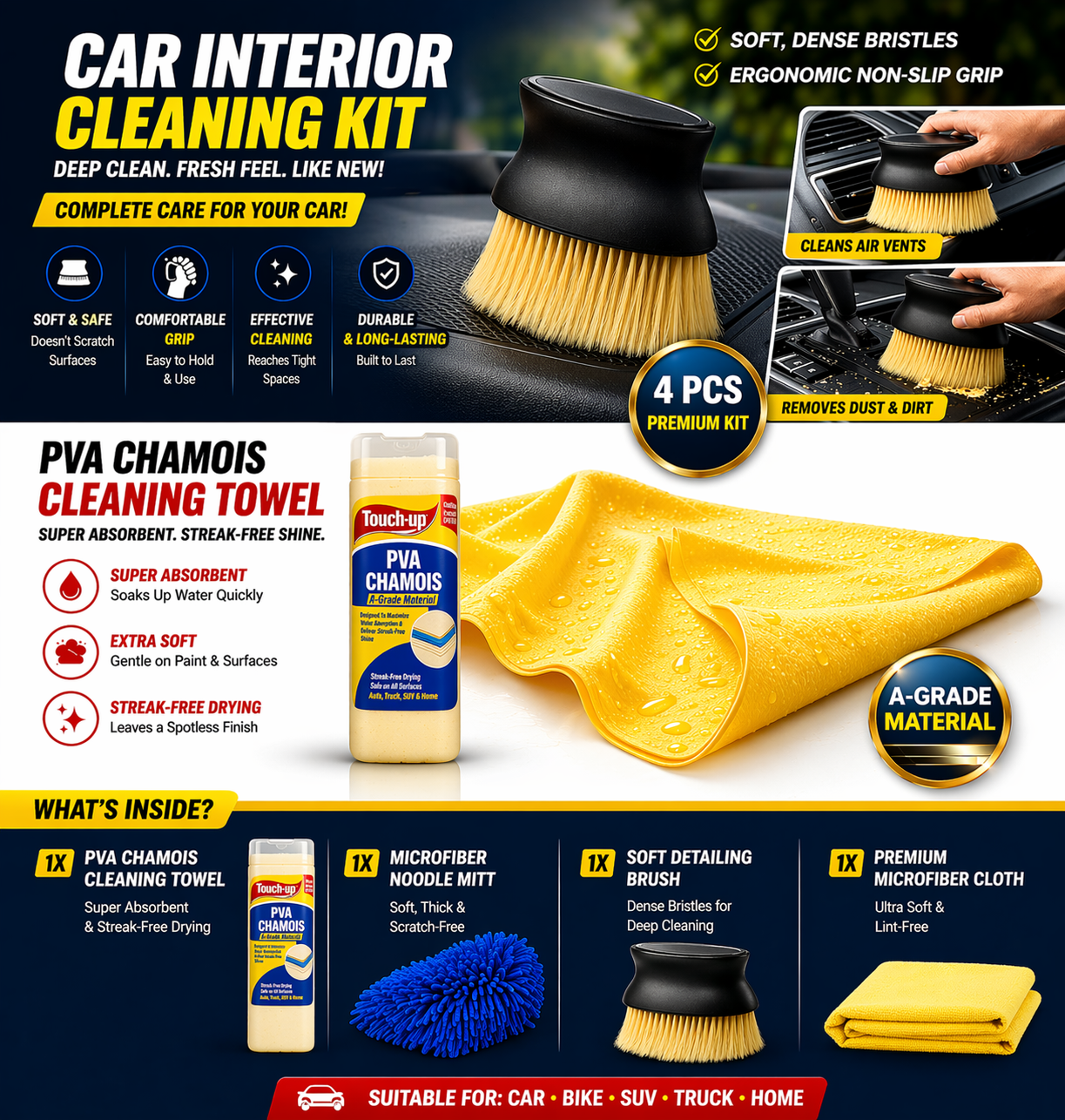 Premium 4-in-1 Car Cleaning Kit | 1200 GSM Microfiber Cloth, Chamois, Wash Mitt & Brush | Scratch-Free & Streak-Free Finish
