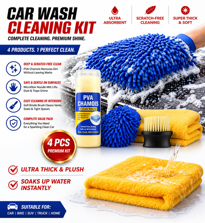 Premium 4-in-1 Car Cleaning Kit | 1200 GSM Microfiber Cloth, Chamois, Wash Mitt & Brush | Scratch-Free & Streak-Free Finish