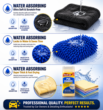 3-in-1 Car Cleaning Combo Kit (1200 GSM Microfiber Cloth + PVA Chamois + Wash Mitt) | Ultra Absorbent, Streak-Free & Scratch-Free | Complete Car Care Kit
