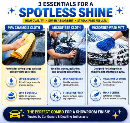 3-in-1 Car Cleaning Combo Kit (1200 GSM Microfiber Cloth + PVA Chamois + Wash Mitt) | Ultra Absorbent, Streak-Free & Scratch-Free | Complete Car Care Kit