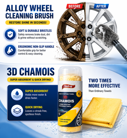 4-in-1 Car Cleaning Kit (1200 GSM Microfiber Cloth + 3D Chamois + Wash Mitt + Wheel Brush) | Super Absorbent, Scratch-Free, Streak-Free Car Care Combo