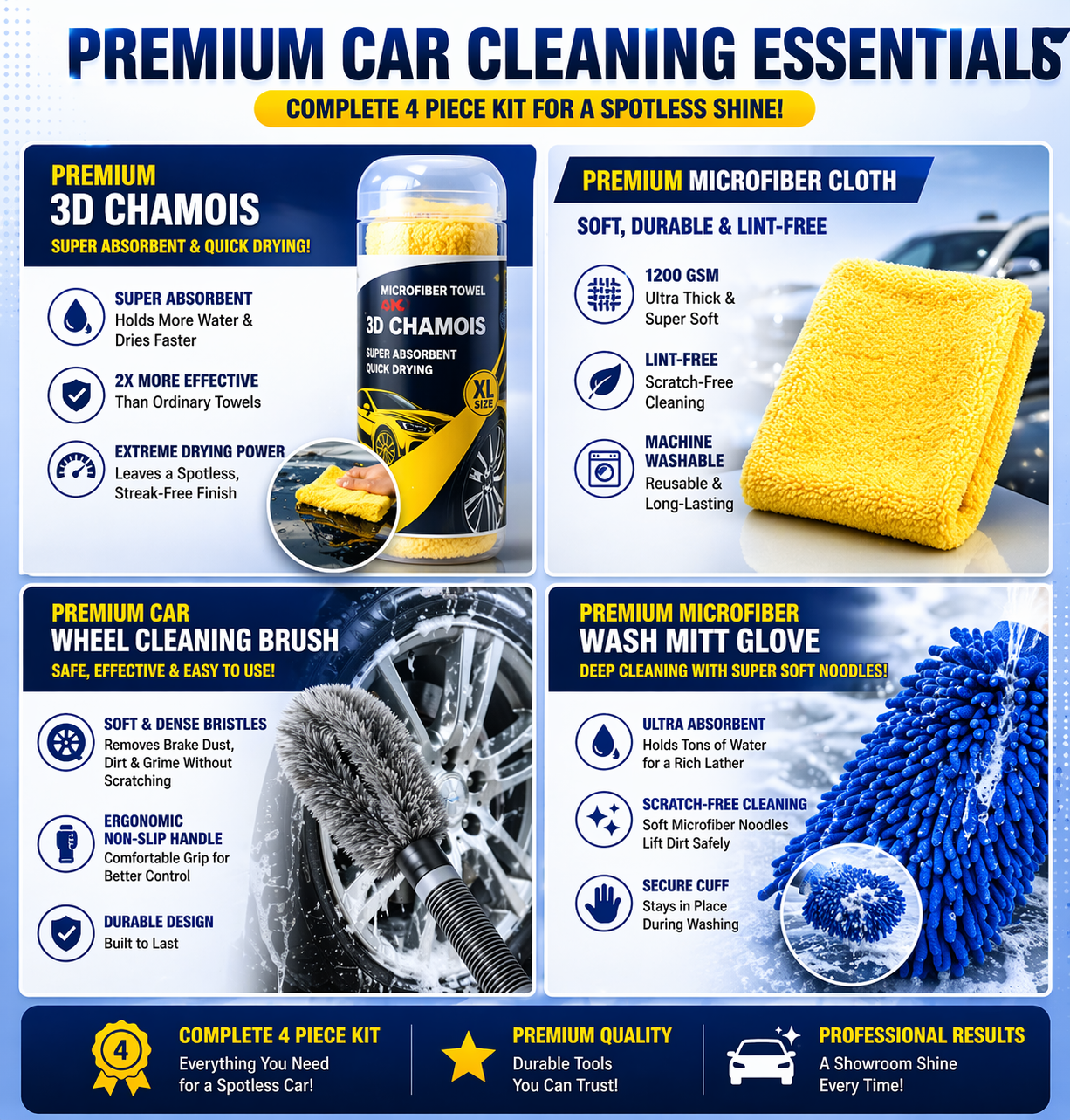 4-in-1 Car Cleaning Kit (1200 GSM Microfiber Cloth + 3D Chamois + Wash Mitt + Wheel Brush) | Super Absorbent, Scratch-Free, Streak-Free Car Care Combo