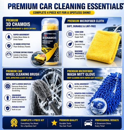 4-in-1 Car Cleaning Kit (1200 GSM Microfiber Cloth + 3D Chamois + Wash Mitt + Wheel Brush) | Super Absorbent, Scratch-Free, Streak-Free Car Care Combo
