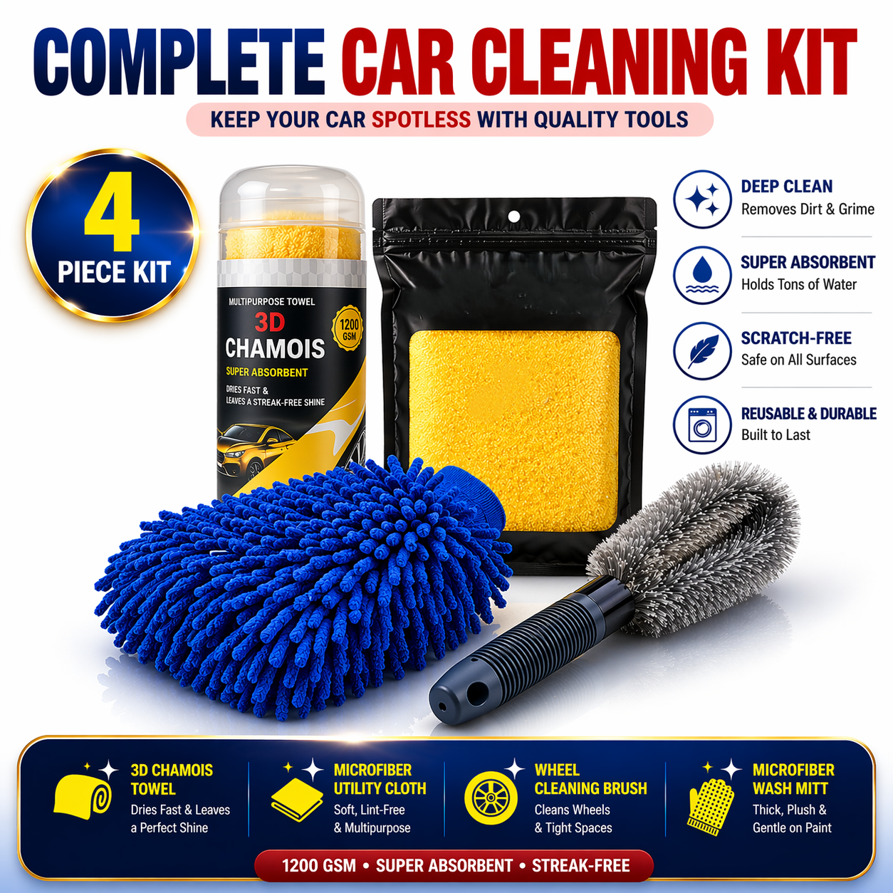 4-in-1 Car Cleaning Kit (1200 GSM Microfiber Cloth + 3D Chamois + Wash Mitt + Wheel Brush) | Super Absorbent, Scratch-Free, Streak-Free Car Care Combo
