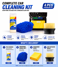 Premium 4-in-1 Car Cleaning Kit | 1200 GSM Microfiber Cloth, Chamois, Wash Mitt & Brush | Scratch-Free & Streak-Free Finish