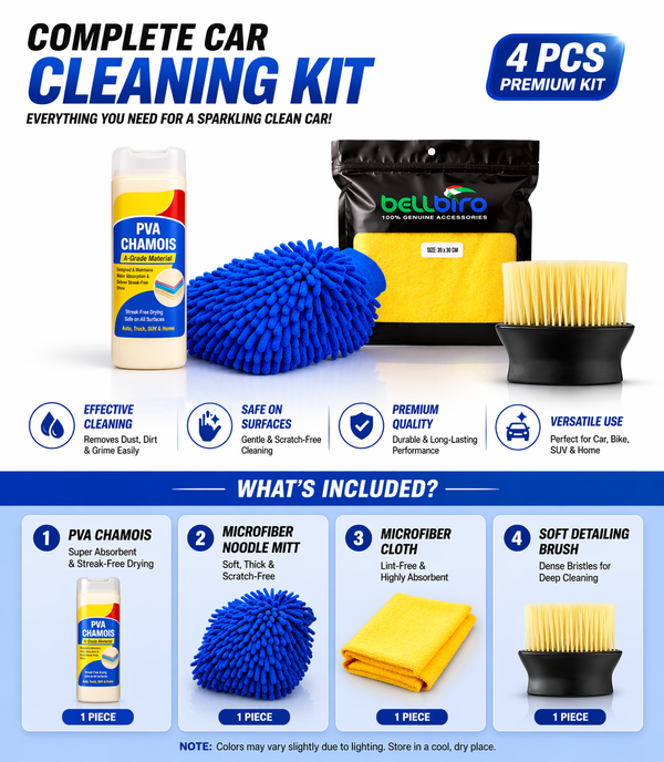 Premium 4-in-1 Car Cleaning Kit | 1200 GSM Microfiber Cloth, Chamois, Wash Mitt & Brush | Scratch-Free & Streak-Free Finish
