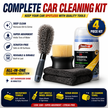 Car Cleaning Kit 4-in-1 | 1200 GSM Microfiber Towel + 3D Chamois Cloth + Wheel Brush + Interior Cleaning Brush | Car Detailing Kit, Scratch-Free & Streak-Free