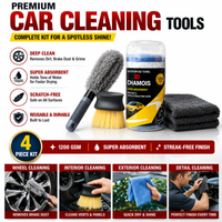 Car Cleaning Kit 4-in-1 | 1200 GSM Microfiber Towel + 3D Chamois Cloth + Wheel Brush + Interior Cleaning Brush | Car Detailing Kit, Scratch-Free & Streak-Free