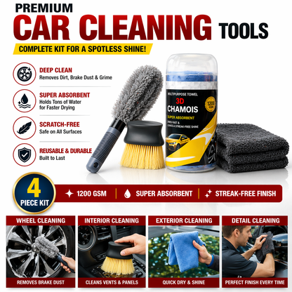 Car Cleaning Kit 4-in-1 | 1200 GSM Microfiber Towel + 3D Chamois Cloth + Wheel Brush + Interior Cleaning Brush | Car Detailing Kit, Scratch-Free & Streak-Free