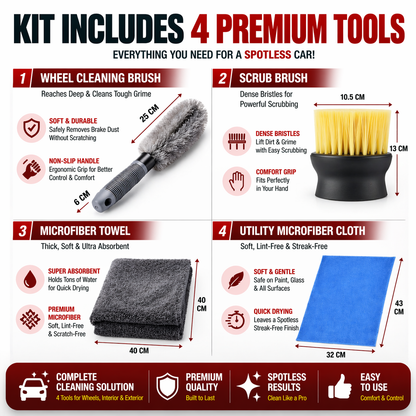 Car Cleaning Kit 4-in-1 | 1200 GSM Microfiber Towel + 3D Chamois Cloth + Wheel Brush + Interior Cleaning Brush | Car Detailing Kit, Scratch-Free & Streak-Free