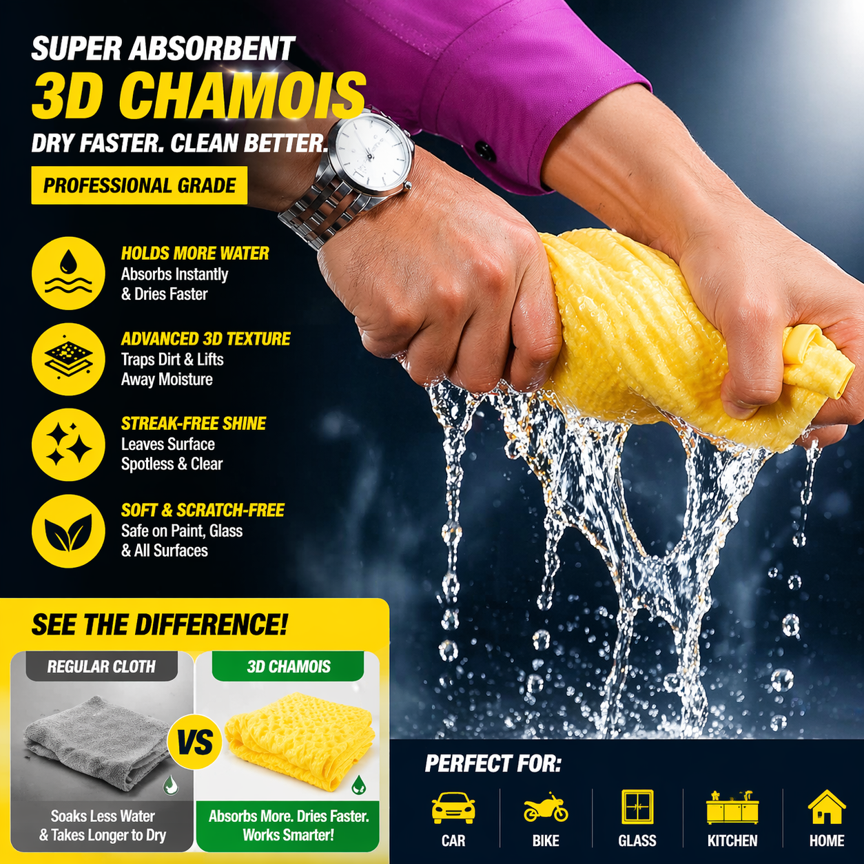 3D Chamois Cleaning Cloth XL (43x64 cm) – Pack of 2 | Super Absorbent Drying Towel | Streak-Free Multipurpose Cloth for Car, Bike & Home