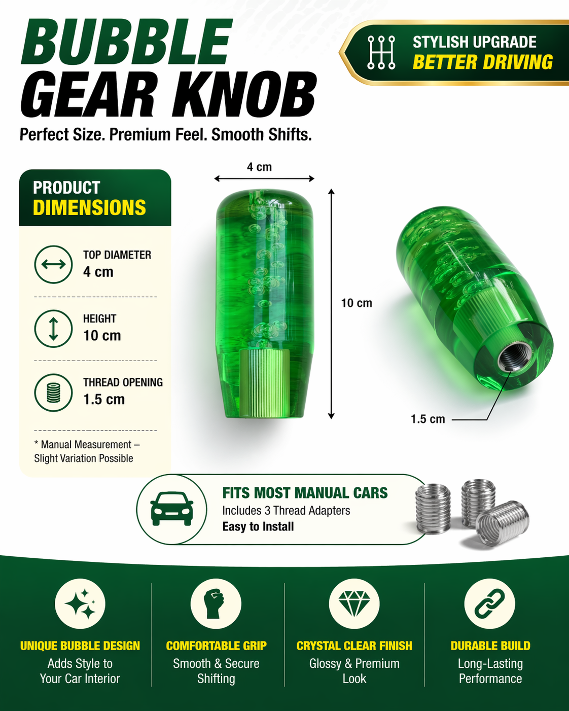 Crystal Glass Gear Knob 10cm Green | Bubble Design Car Gear Shift Knob with Adaptors (Universal Fit)