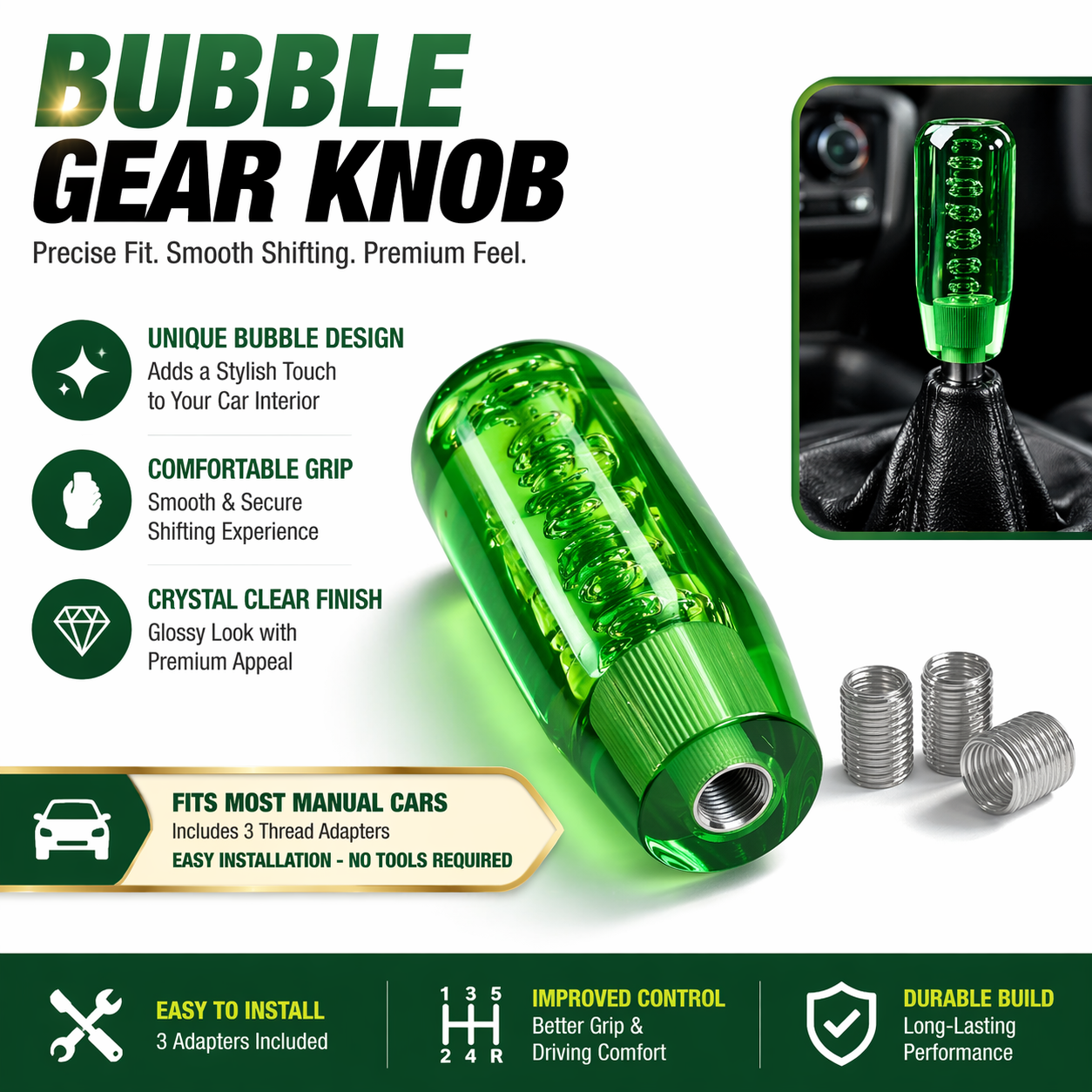 Crystal Glass Gear Knob 10cm Green | Bubble Design Car Gear Shift Knob with Adaptors (Universal Fit)