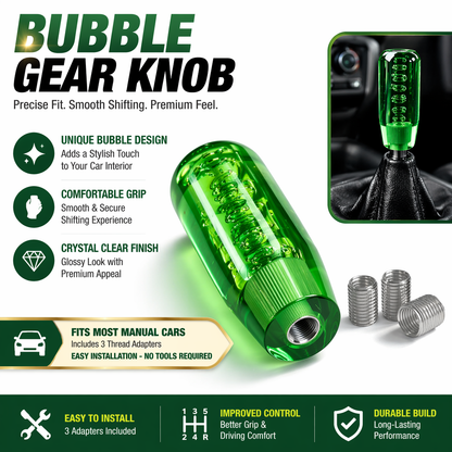 Crystal Glass Gear Knob 10cm Green | Bubble Design Car Gear Shift Knob with Adaptors (Universal Fit)