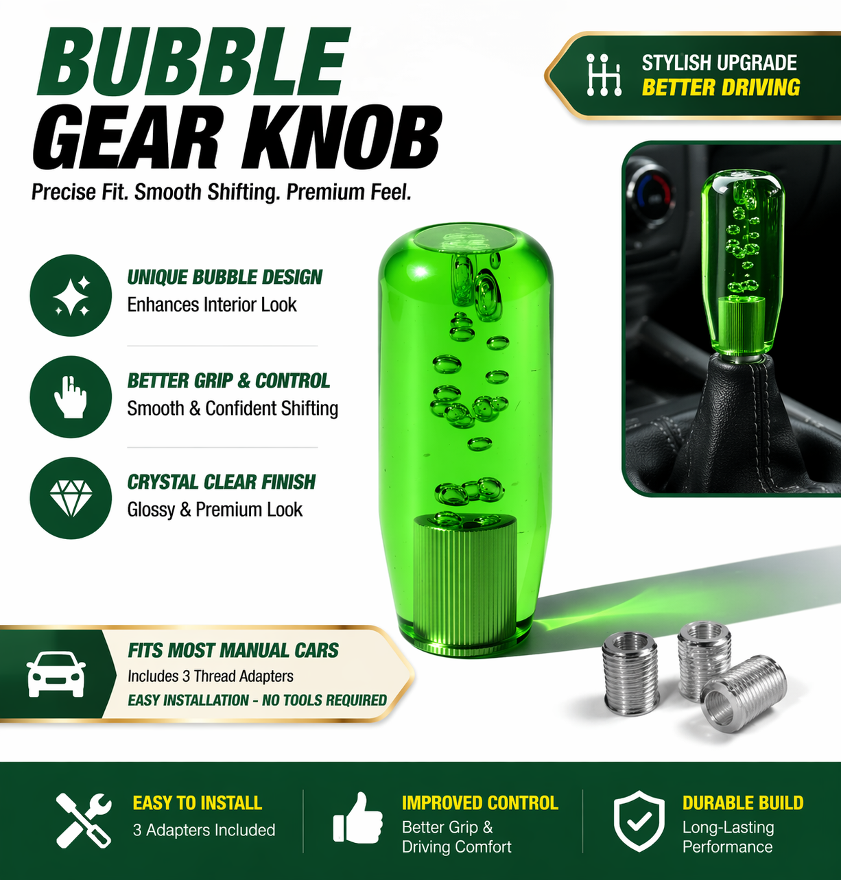Crystal Glass Gear Knob 10cm Green | Bubble Design Car Gear Shift Knob with Adaptors (Universal Fit)