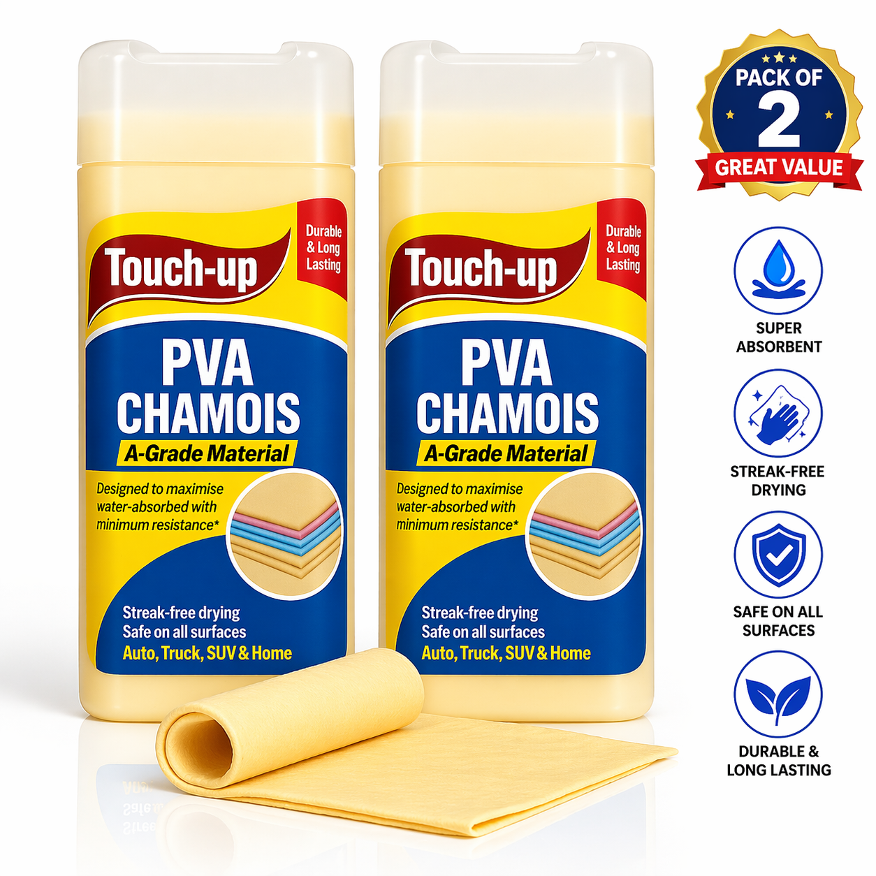 PVA Chamois Car Cleaning Cloth (Pack of 2) | Super Absorbent Drying Towel | Streak-Free, Lint-Free | Reusable Multipurpose Cleaning Cloth for Car, Bike & Home