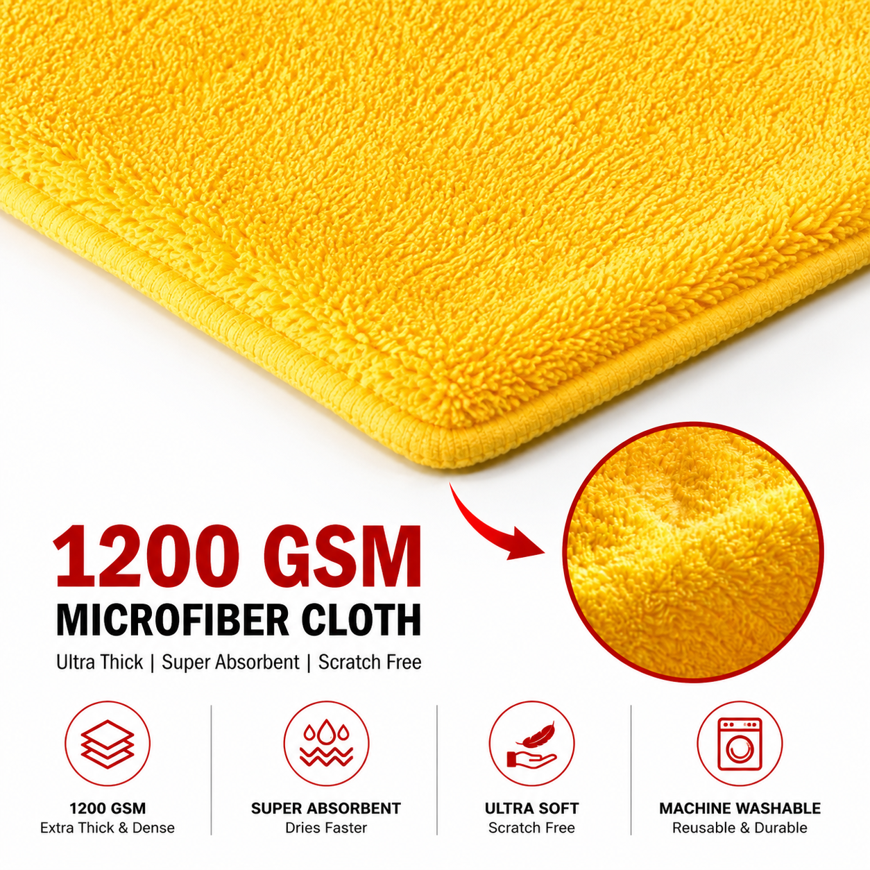 1200 GSM Premium Microfiber Car Cleaning Cloth – 60x40 cm Ultra Soft Absorbent Towel | Scratch-Free Car Drying & Detailing Cloth (Yellow)