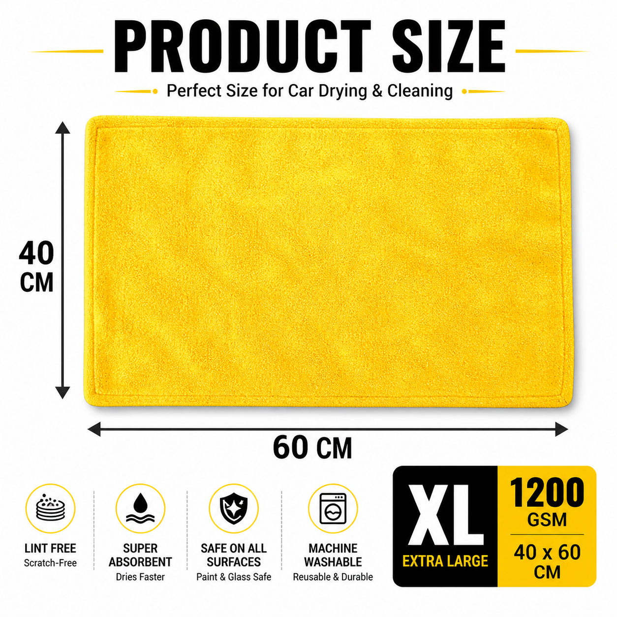 1200 GSM Premium Microfiber Car Cleaning Cloth – 60x40 cm Ultra Soft Absorbent Towel | Scratch-Free Car Drying & Detailing Cloth (Yellow)