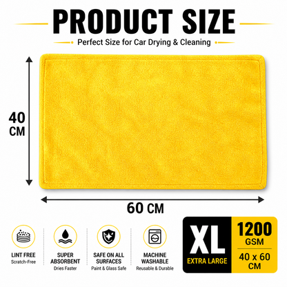 1200 GSM Premium Microfiber Car Cleaning Cloth – 60x40 cm Ultra Soft Absorbent Towel | Scratch-Free Car Drying & Detailing Cloth (Yellow)