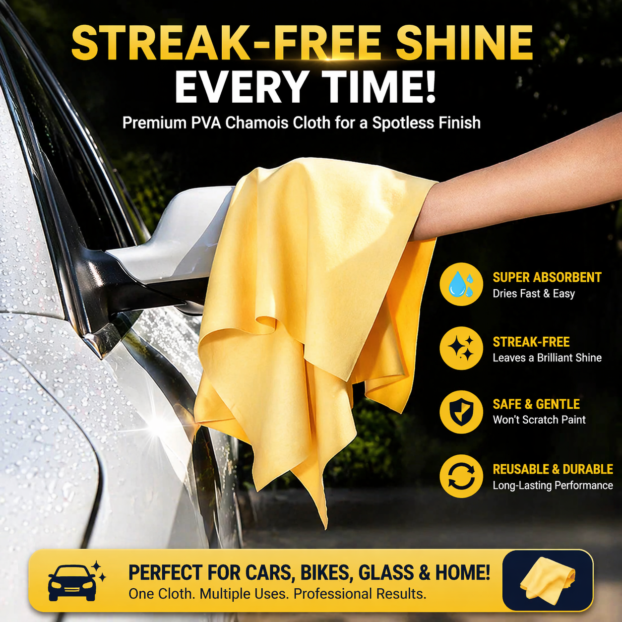 Big Size PVA Chamois Car Cleaning Cloth (Pack of 2) | 66×43 cm Super Absorbent Drying Towel | Streak-Free, Lint-Free | Reusable Multipurpose Cloth for Car, Bike & Home