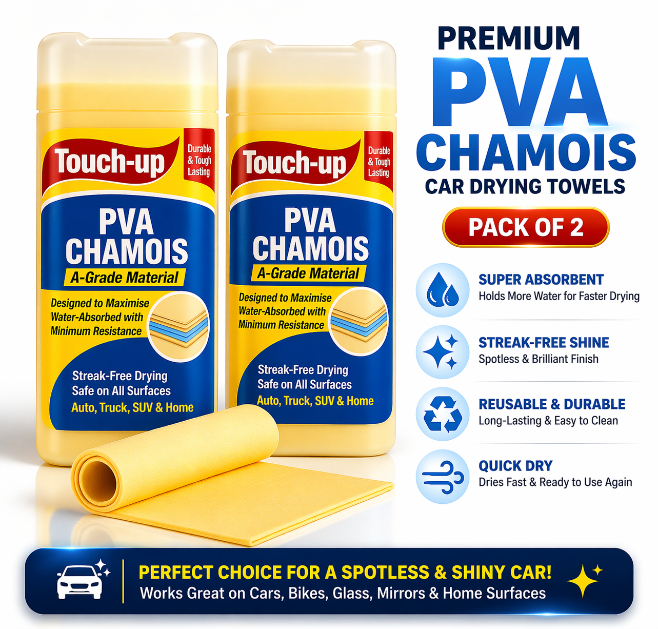 Big Size PVA Chamois Car Cleaning Cloth (Pack of 2) | 66×43 cm Super Absorbent Drying Towel | Streak-Free, Lint-Free | Reusable Multipurpose Cloth for Car, Bike & Home