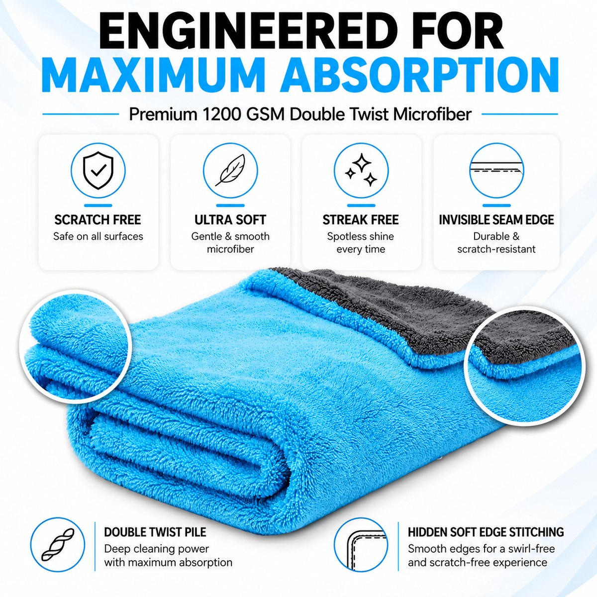 Croapo 1200GSM Double-Twist Microfiber Car Drying Towel 40 × 40 CM | Ultra Absorbent, Scratch-Free & Lint-Free | Premium Auto Detailing Cloth