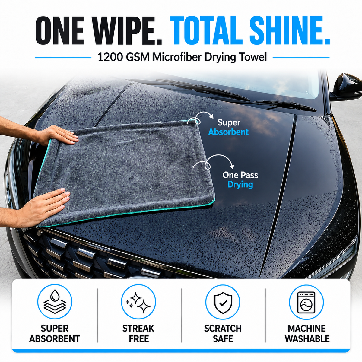 Croapo 1200GSM Double-Twist Microfiber Car Drying Towel 40 × 40 CM | Ultra Absorbent, Scratch-Free & Lint-Free | Premium Auto Detailing Cloth