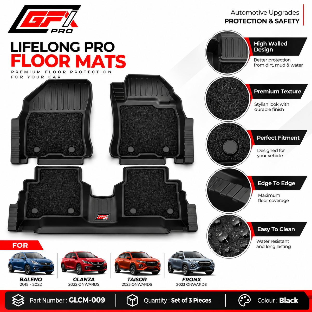 GFX Lifelong Pro Floor Mats for Baleno, Glanza, Taisor & Fronx