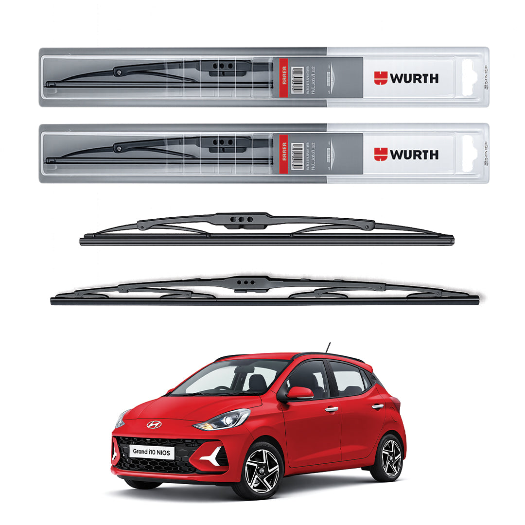 Wurth Metal Wiper Blades for Hyundai Grand i10 Nios – 22” Driver + 16” Passenger (Set of 2) | All-Weather Premium Quality