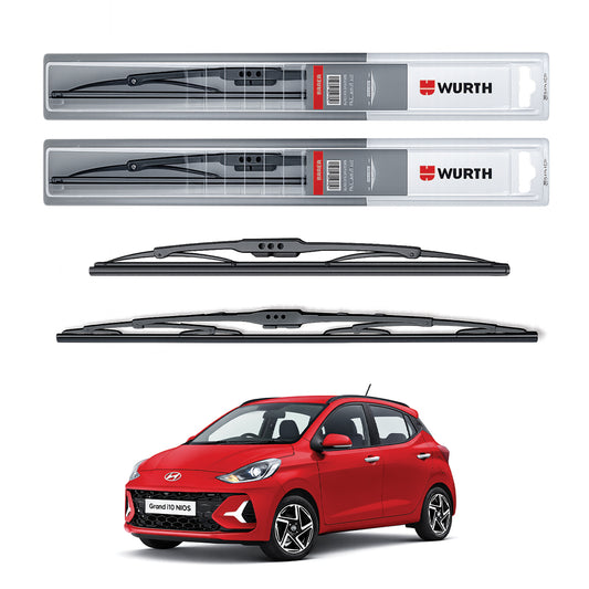 Wurth Metal Wiper Blades for Hyundai Grand i10 Nios – 22” Driver + 16” Passenger (Set of 2) | All-Weather Premium Quality