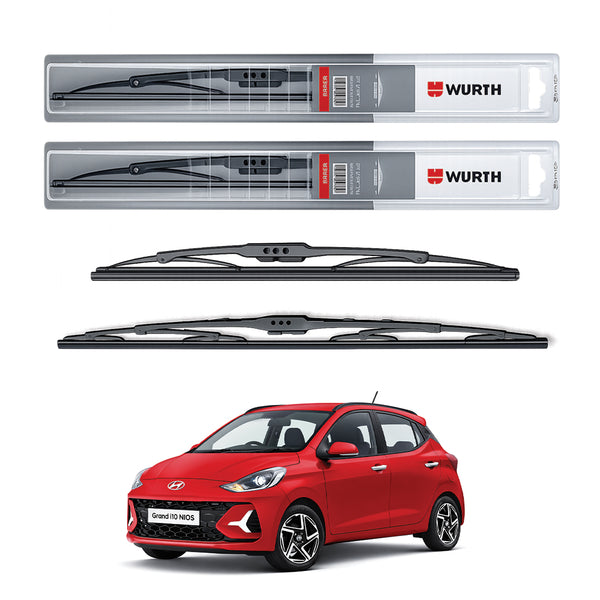 Wurth Metal Wiper Blades for Hyundai Grand i10 Nios – 22” Driver + 16” Passenger (Set of 2) | All-Weather Premium Quality