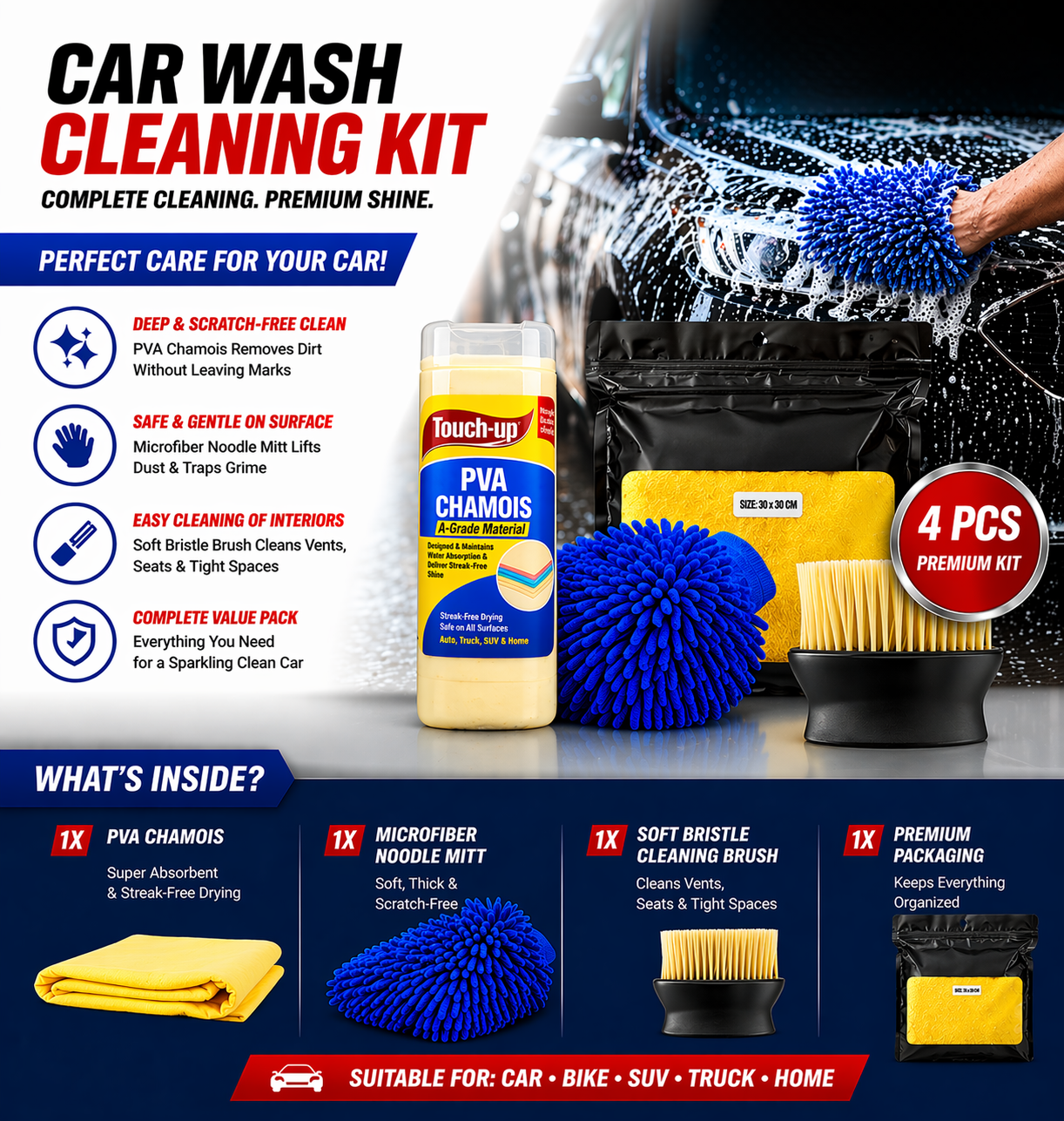 Premium 4-in-1 Car Cleaning Kit | 1200 GSM Microfiber Cloth, Chamois, Wash Mitt & Brush | Scratch-Free & Streak-Free Finish