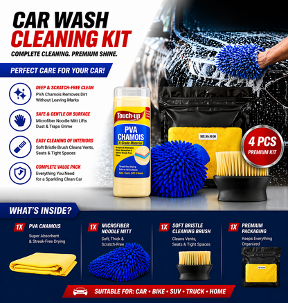 Premium 4-in-1 Car Cleaning Kit | 1200 GSM Microfiber Cloth, Chamois, Wash Mitt & Brush | Scratch-Free & Streak-Free Finish