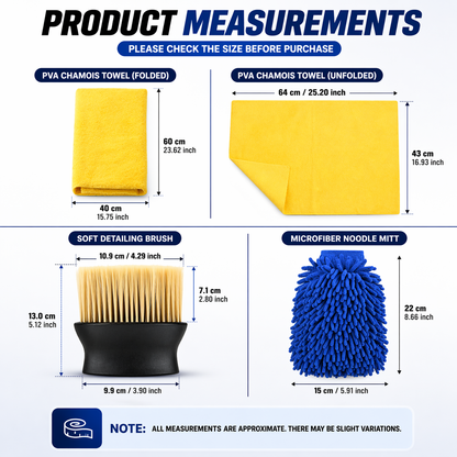Premium 4-in-1 Car Cleaning Kit | 1200 GSM Microfiber Cloth, Chamois, Wash Mitt & Brush | Scratch-Free & Streak-Free Finish