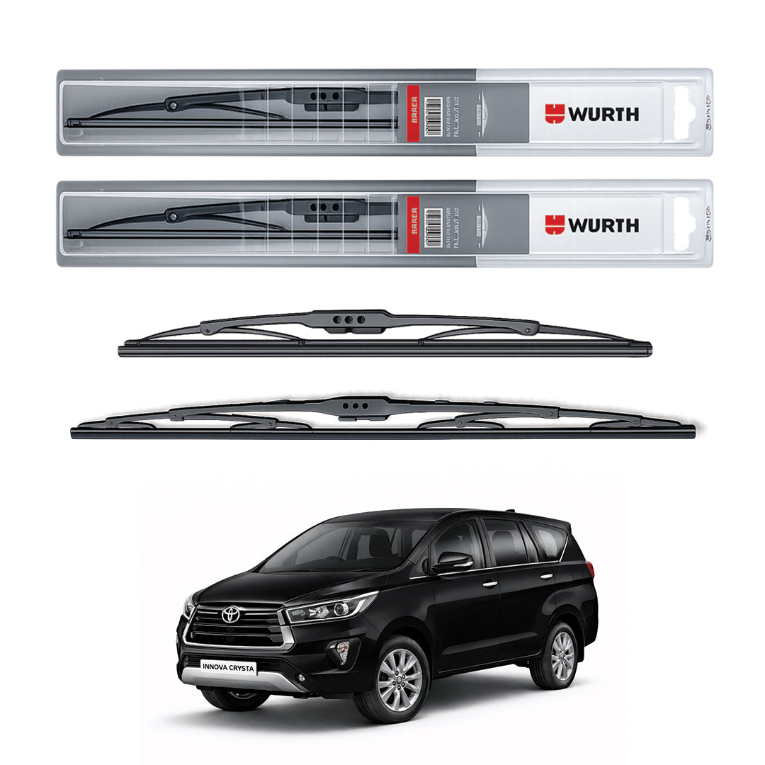 Wurth Metal Wiper Blades for Toyota Innova Crysta – 26” Driver + 16” Passenger (Set of 2) | All-Weather Premium Quality