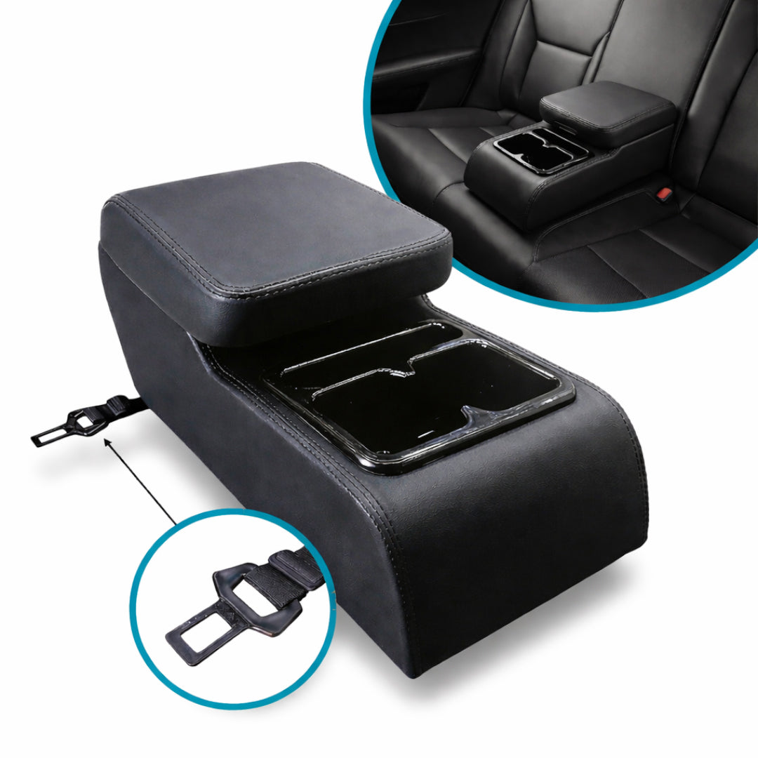 Car Rear Seat Armrest Console with Cup Holder | Foldable Arm Rest Cushion | Premium Foam & PU Leather | Storage Box | Universal Fit for Cars (Black)