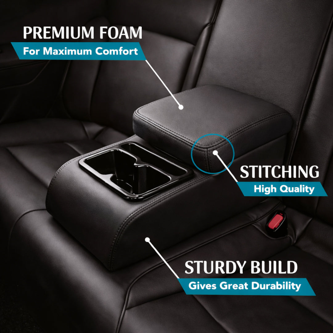 Car Rear Seat Armrest Console with Cup Holder | Foldable Arm Rest Cushion | Premium Foam & PU Leather | Storage Box | Universal Fit for Cars (Black)