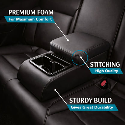 Car Rear Seat Armrest Console with Cup Holder | Foldable Arm Rest Cushion | Premium Foam & PU Leather | Storage Box | Universal Fit for Cars (Black)
