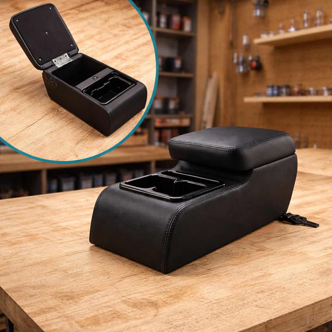 Car Rear Seat Armrest Console with Cup Holder | Foldable Arm Rest Cushion | Premium Foam & PU Leather | Storage Box | Universal Fit for Cars (Black)