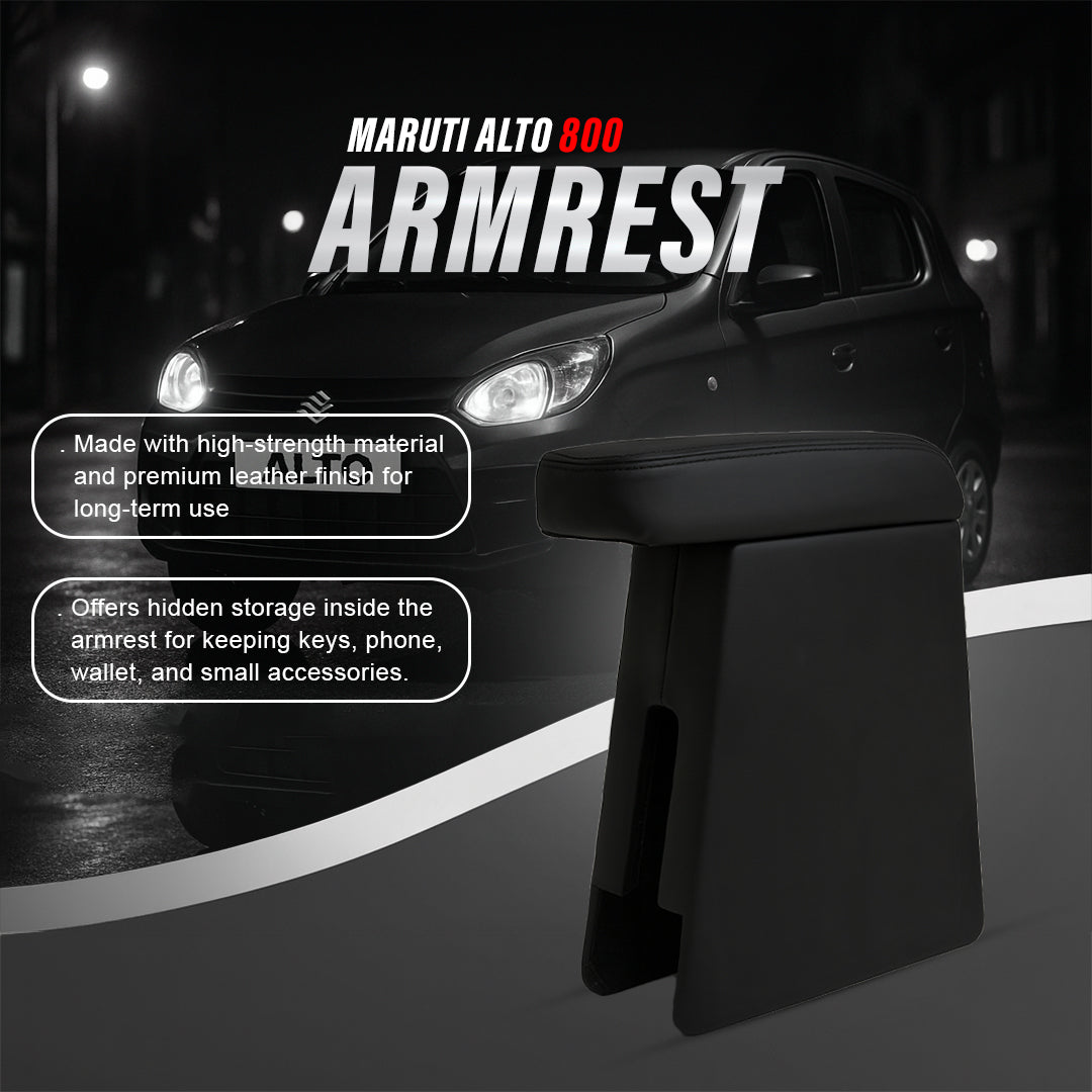 Car Center Armrest with Storage for Maruti Suzuki Alto 800 | Adjustable Armrest | Premium Leather Finish (Black)