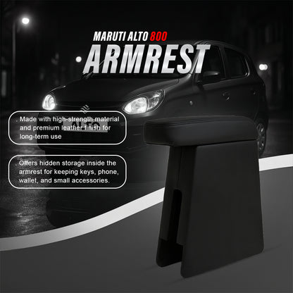 Car Center Armrest with Storage for Maruti Suzuki Alto 800 | Adjustable Armrest | Premium Leather Finish (Black)