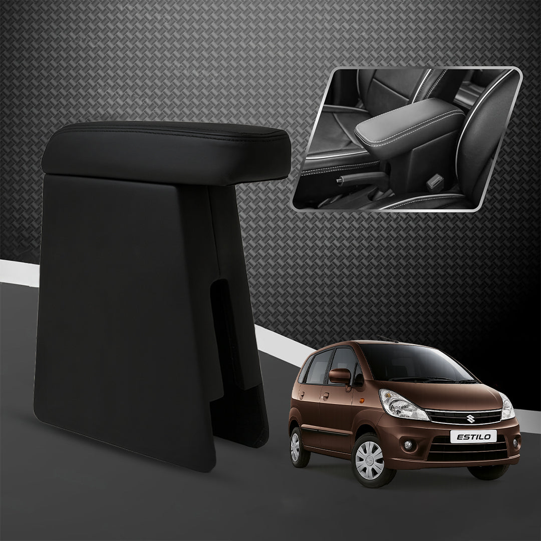 Car Center Armrest with Storage for Maruti Suzuki Estilo | Adjustable | Premium Leather Finish (Black)