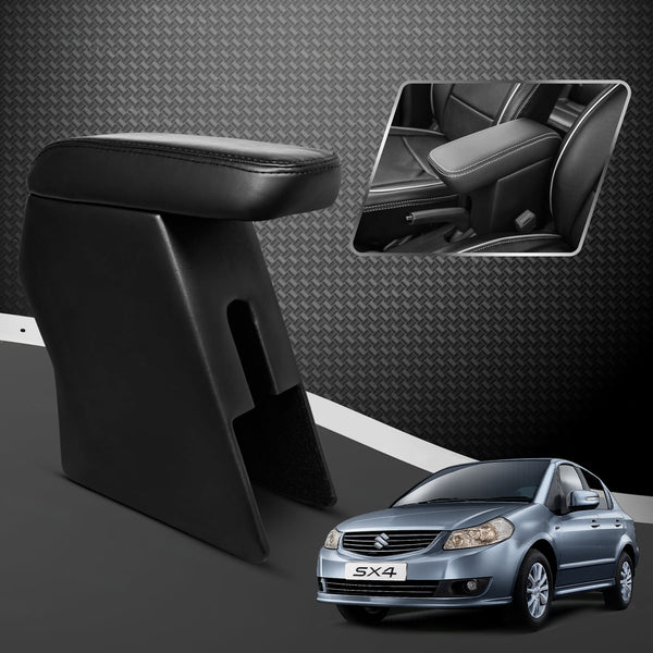 Car Center Armrest with Storage | Adjustable Hand Rest | Premium Wood & Leather Finish | Fits Maruti Suzuki SX4 (Black)